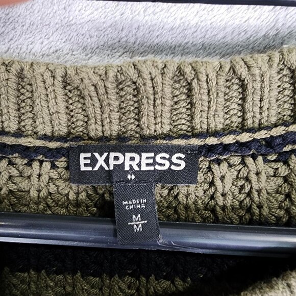Womens Express Olive & Black Striped Knit Sweater Crew Neck Long Sleeve Size M - Picture 6 of 11